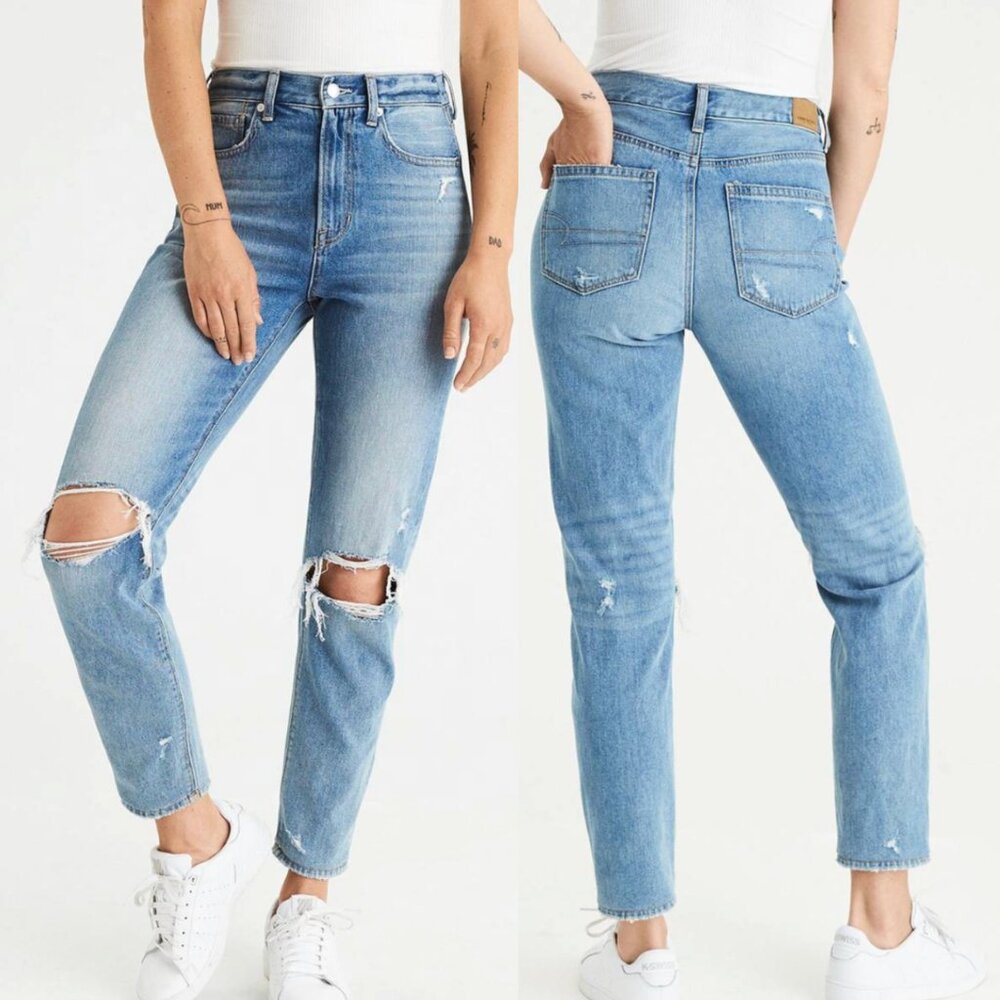 AMERICAN EAGLE Ripped Mom Jean Medium Wash Distressed High Waisted Crop Cropped